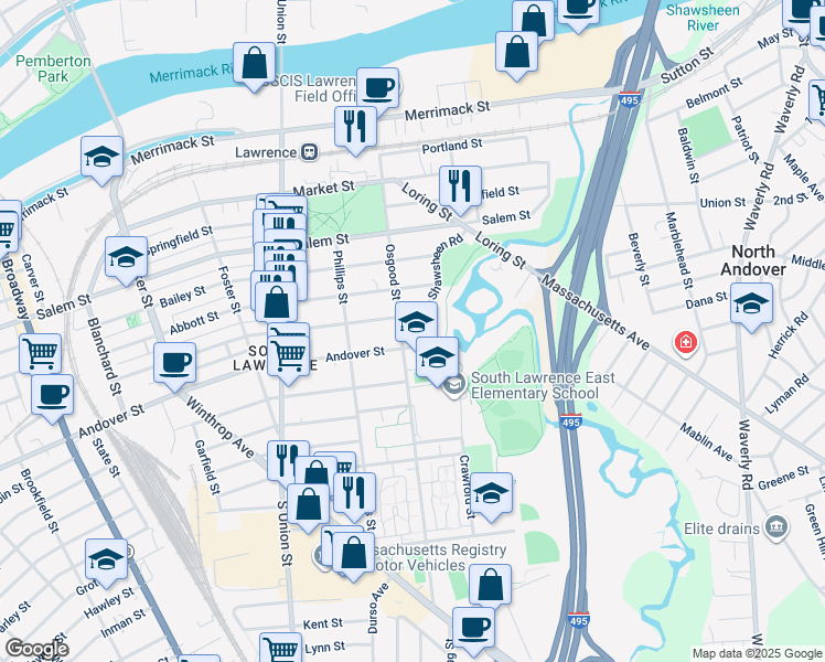 map of restaurants, bars, coffee shops, grocery stores, and more near 114 Osgood Street in Lawrence
