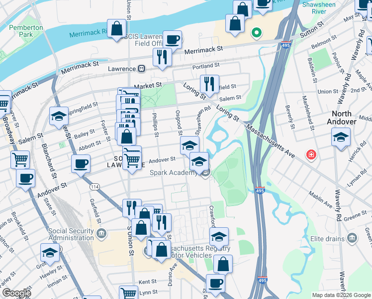 map of restaurants, bars, coffee shops, grocery stores, and more near 114 Osgood Street in Lawrence