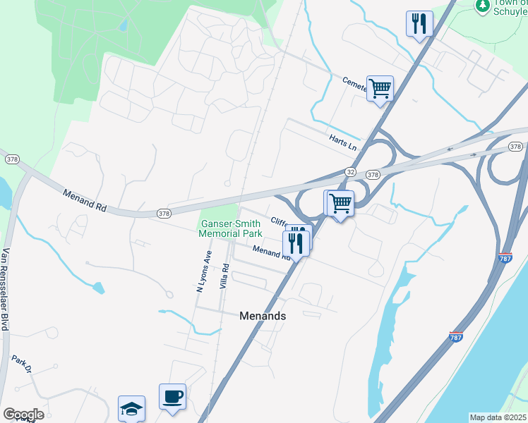 map of restaurants, bars, coffee shops, grocery stores, and more near 7 Cornell Drive in Menands