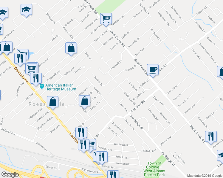 map of restaurants, bars, coffee shops, grocery stores, and more near 32 Commodore Street in Albany