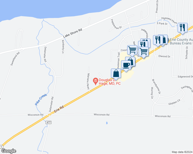 map of restaurants, bars, coffee shops, grocery stores, and more near 7020 Erie Road in Derby