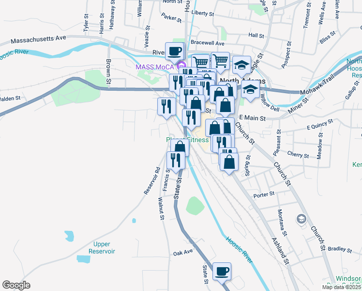 map of restaurants, bars, coffee shops, grocery stores, and more near 45 State Street in North Adams