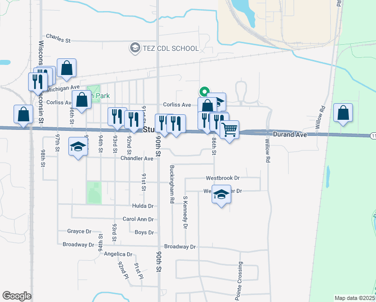 map of restaurants, bars, coffee shops, grocery stores, and more near 8800 Shannon Lane in Sturtevant