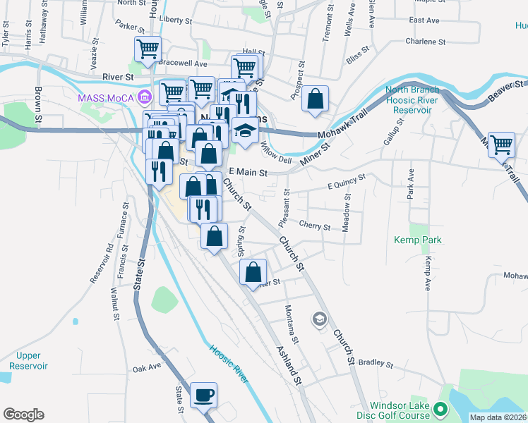 map of restaurants, bars, coffee shops, grocery stores, and more near 41 Arnold Place in North Adams