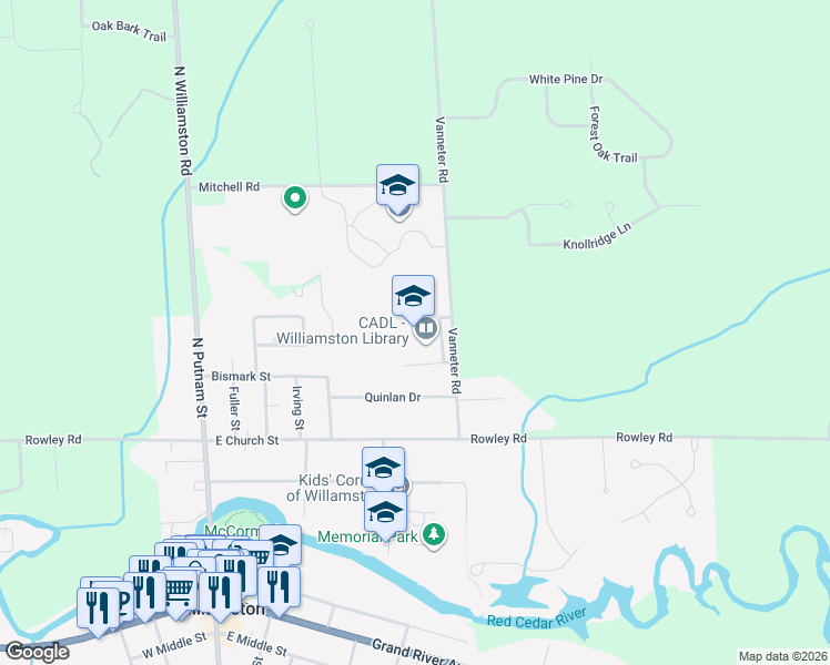map of restaurants, bars, coffee shops, grocery stores, and more near 3845 Vanneter Road in Williamston