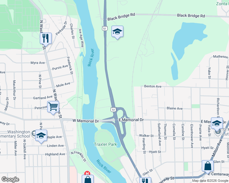 map of restaurants, bars, coffee shops, grocery stores, and more near 1012 North Parker Drive in Janesville