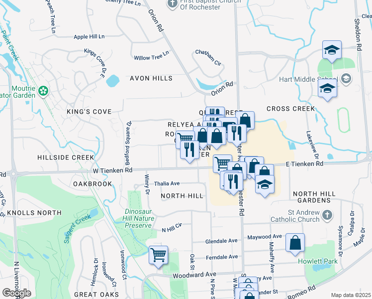 map of restaurants, bars, coffee shops, grocery stores, and more near 1095 Tienken Court in Rochester Hills