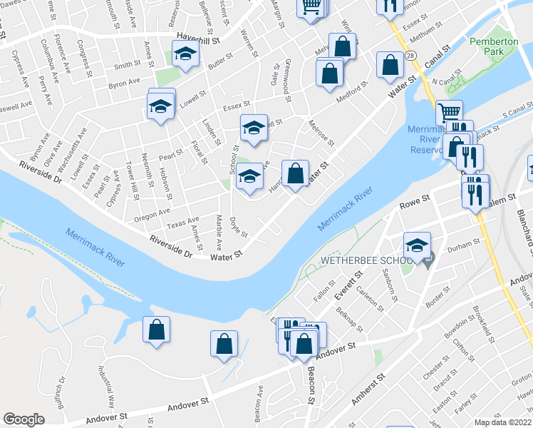 map of restaurants, bars, coffee shops, grocery stores, and more near 116 Hancock Street in Lawrence
