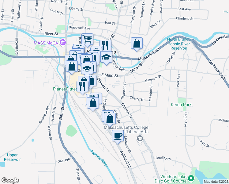 map of restaurants, bars, coffee shops, grocery stores, and more near 41 Arnold Place in North Adams