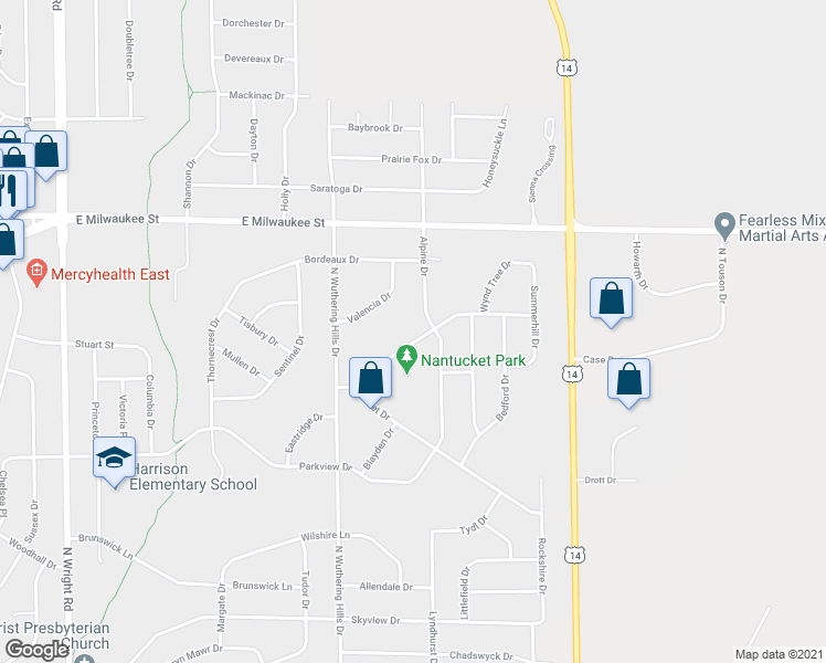 map of restaurants, bars, coffee shops, grocery stores, and more near 4250 Valencia Drive in Janesville