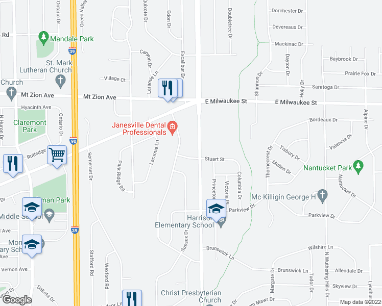 map of restaurants, bars, coffee shops, grocery stores, and more near 3524 East Milwaukee Street in Janesville
