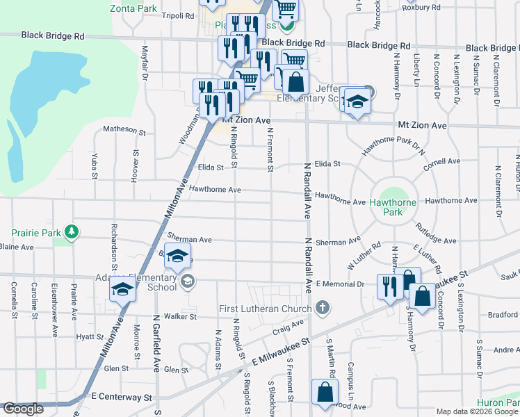 map of restaurants, bars, coffee shops, grocery stores, and more near 1344 Hawthorne Avenue in Janesville