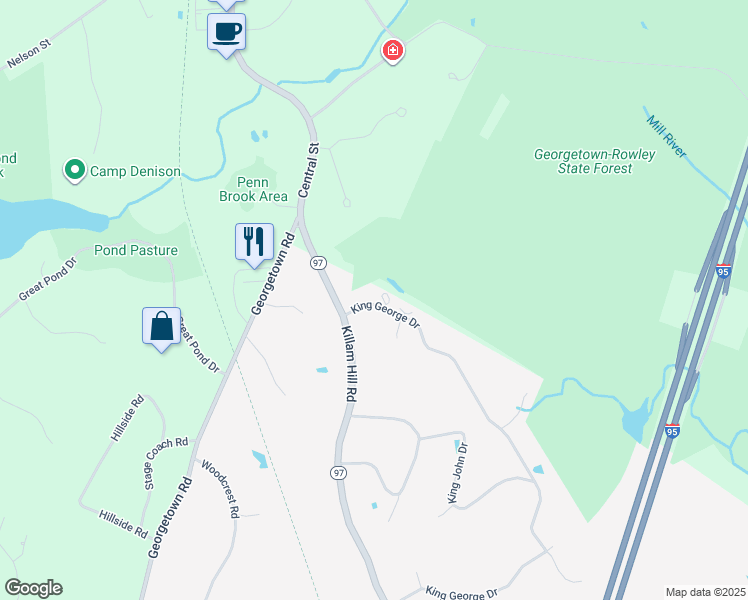 map of restaurants, bars, coffee shops, grocery stores, and more near 105 King George Drive in Boxford