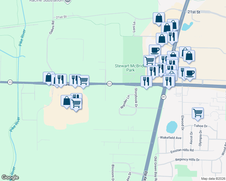 map of restaurants, bars, coffee shops, grocery stores, and more near 6538 Durand Avenue in Mount Pleasant