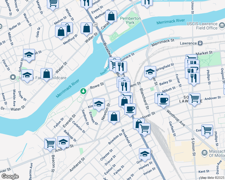 map of restaurants, bars, coffee shops, grocery stores, and more near 15 Crosby Street in Lawrence