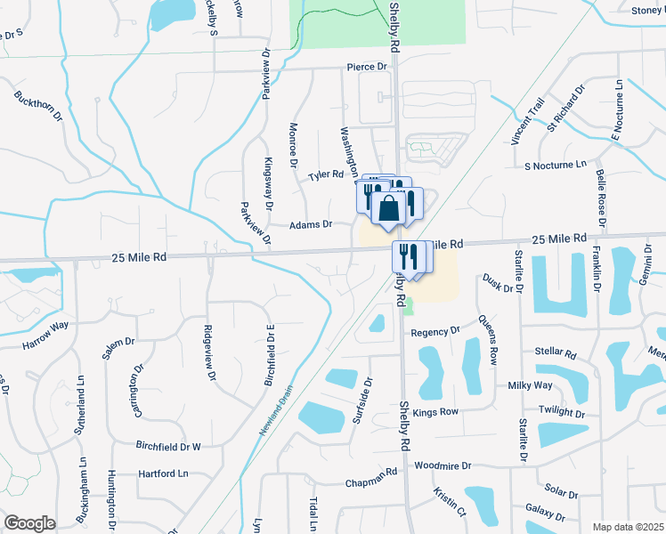 map of restaurants, bars, coffee shops, grocery stores, and more near 4139 25 Mile Road in Macomb County