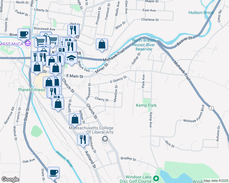 map of restaurants, bars, coffee shops, grocery stores, and more near 60 East Quincy Street in North Adams