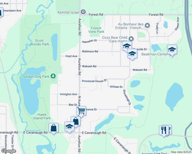 map of restaurants, bars, coffee shops, grocery stores, and more near 2118 Wabash Road in Lansing