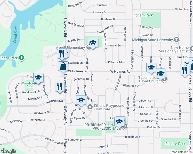 map of restaurants, bars, coffee shops, grocery stores, and more near 3401 Berwick Drive in Lansing