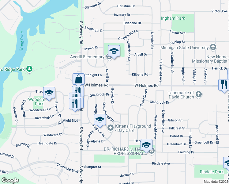 map of restaurants, bars, coffee shops, grocery stores, and more near 3401 Berwick Drive in Lansing