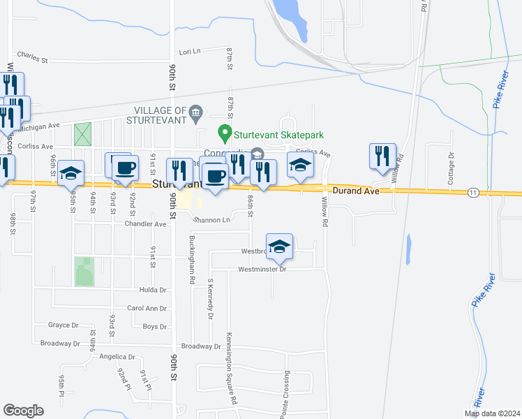 map of restaurants, bars, coffee shops, grocery stores, and more near 8607 Durand Avenue in Sturtevant