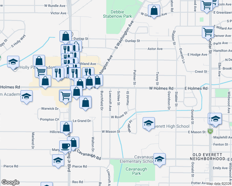 map of restaurants, bars, coffee shops, grocery stores, and more near 622 West Holmes Road in Lansing