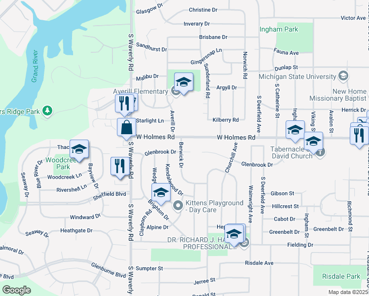 map of restaurants, bars, coffee shops, grocery stores, and more near 3401 Berwick Drive in Lansing