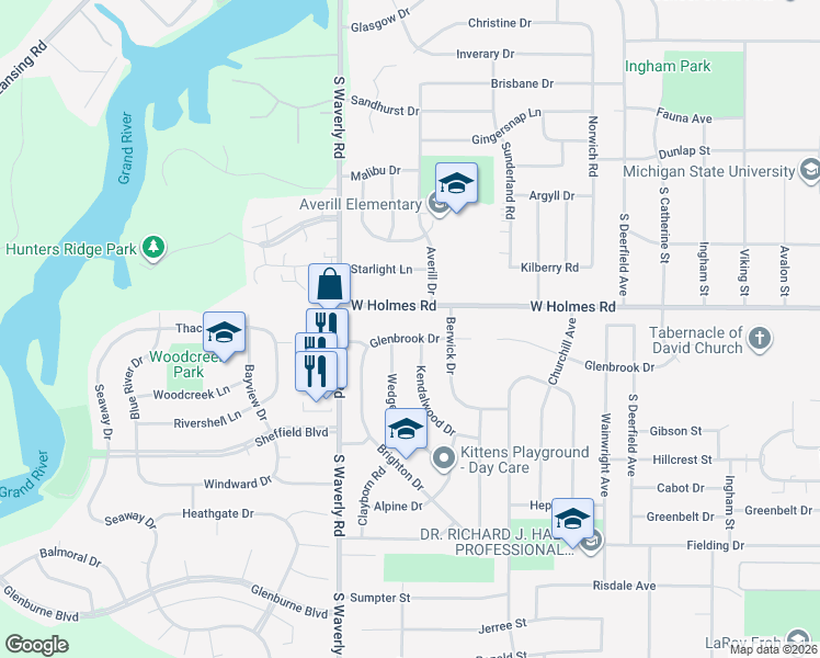 map of restaurants, bars, coffee shops, grocery stores, and more near 3611 West Holmes Road in Lansing