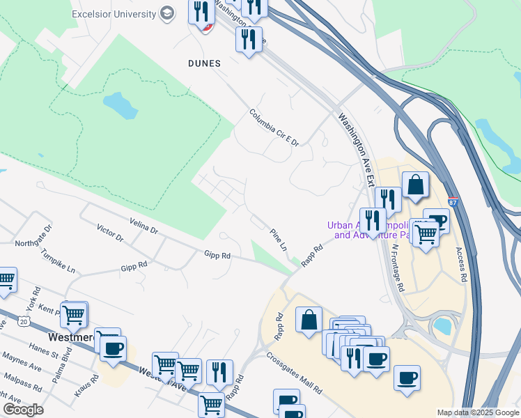 map of restaurants, bars, coffee shops, grocery stores, and more near 30 Pine Lane in Albany