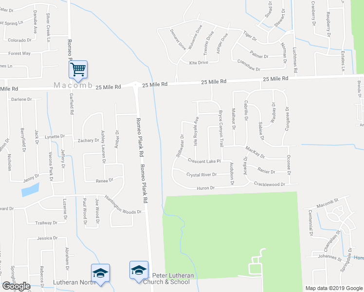 map of restaurants, bars, coffee shops, grocery stores, and more near 54414 Stillwater Drive in Macomb