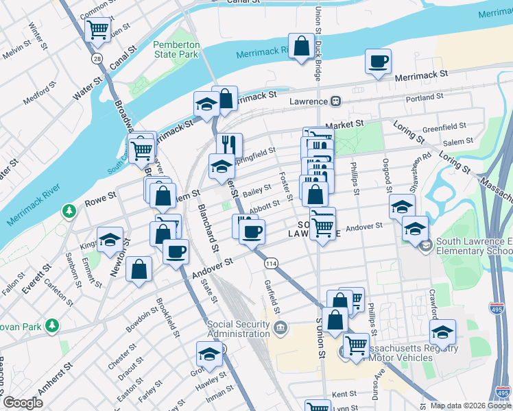map of restaurants, bars, coffee shops, grocery stores, and more near 83 Bailey Street in Lawrence