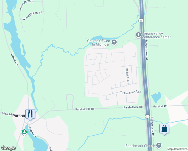 map of restaurants, bars, coffee shops, grocery stores, and more near 9683 Orchard Way in Fenton