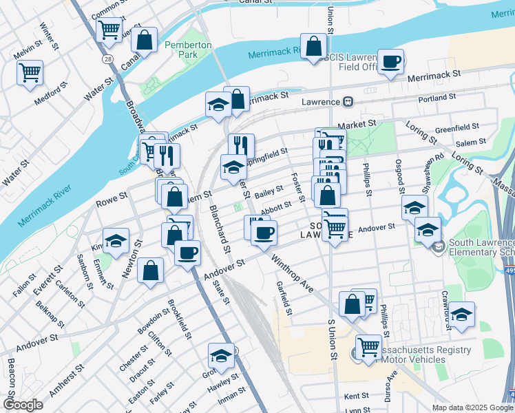 map of restaurants, bars, coffee shops, grocery stores, and more near 110 Parker Street in Lawrence