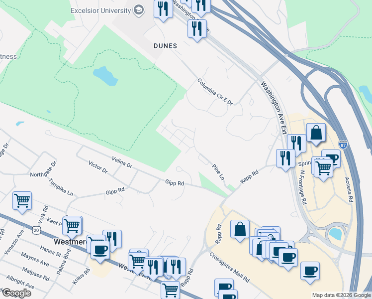 map of restaurants, bars, coffee shops, grocery stores, and more near 400 Greenwich Drive in Albany