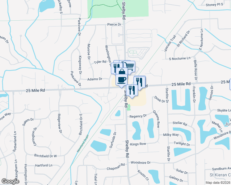 map of restaurants, bars, coffee shops, grocery stores, and more near 55010 Washington Drive in Macomb County
