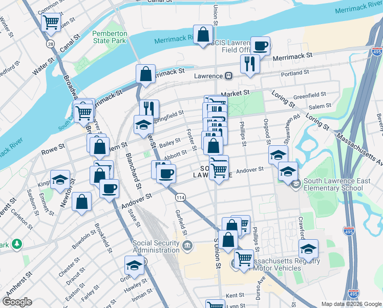 map of restaurants, bars, coffee shops, grocery stores, and more near 73 Foster Street in Lawrence
