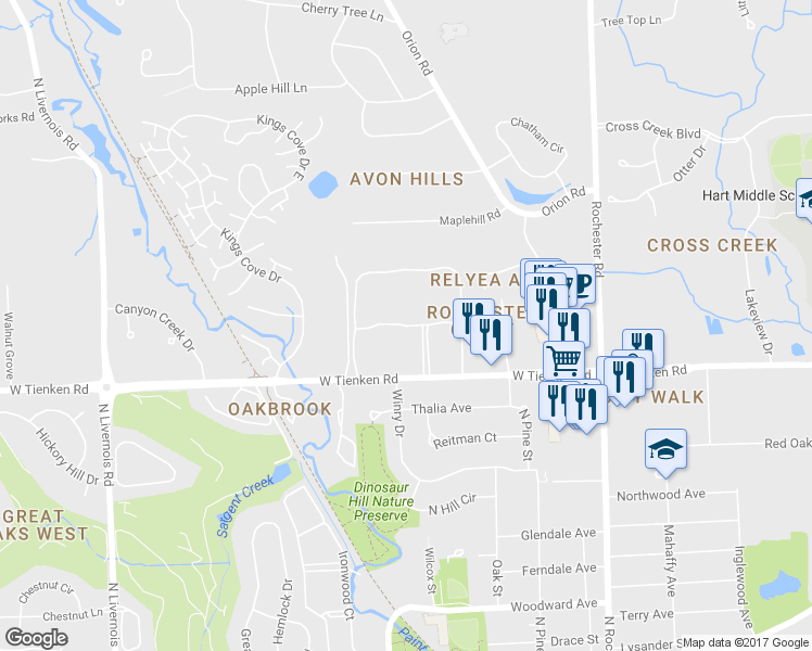 map of restaurants, bars, coffee shops, grocery stores, and more near 1757 Bedford Square Drive in Rochester Hills