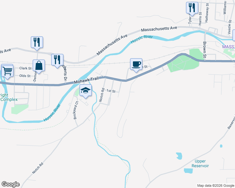 map of restaurants, bars, coffee shops, grocery stores, and more near 52 1st Street in North Adams