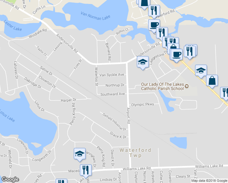 map of restaurants, bars, coffee shops, grocery stores, and more near 6080 Southward Avenue in Waterford charter Township