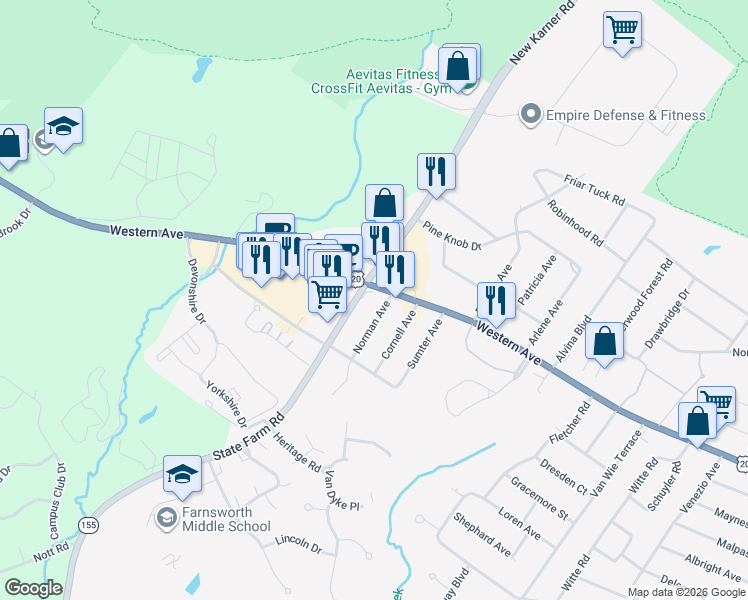 map of restaurants, bars, coffee shops, grocery stores, and more near 2027 Western Avenue in Albany