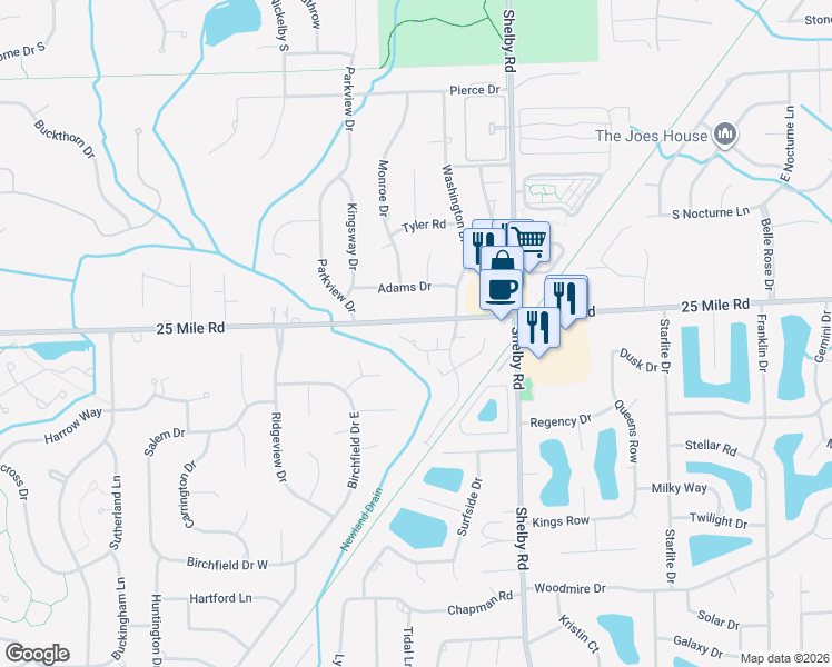 map of restaurants, bars, coffee shops, grocery stores, and more near 4139 25 Mile Road in Macomb County