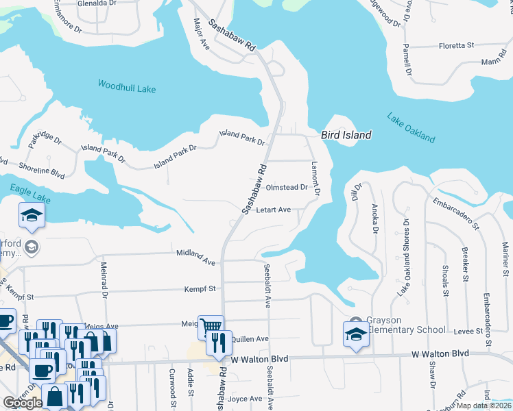 map of restaurants, bars, coffee shops, grocery stores, and more near 4025 Sashabaw Road in Waterford Township