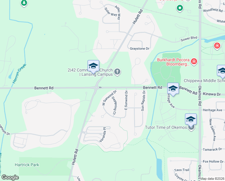 map of restaurants, bars, coffee shops, grocery stores, and more near 2630 Bennett Road in Meridian charter Township