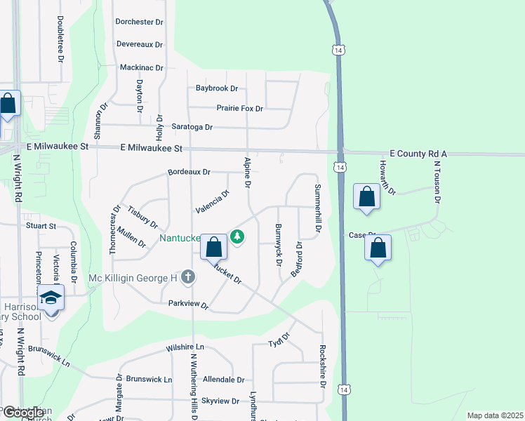map of restaurants, bars, coffee shops, grocery stores, and more near 1113 Nantucket Drive in Janesville