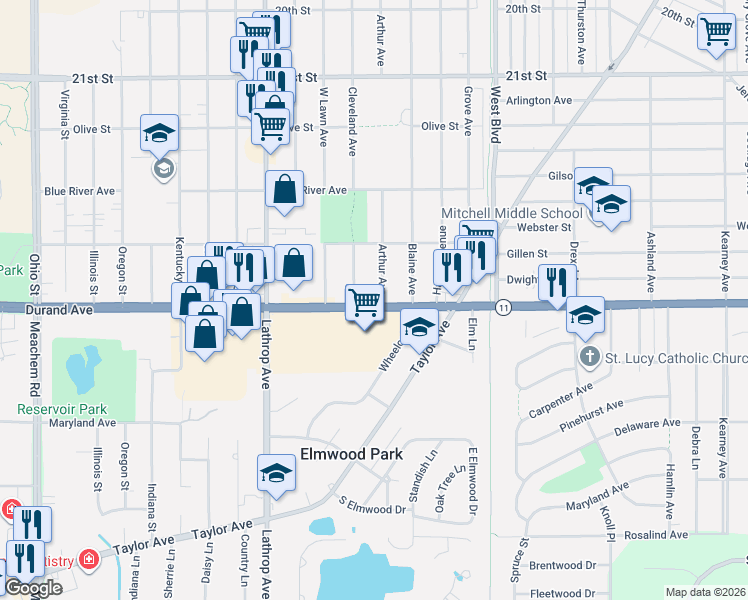 map of restaurants, bars, coffee shops, grocery stores, and more near 2901 Cleveland Avenue in Racine