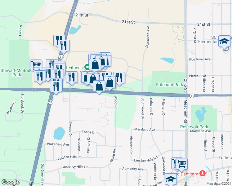 map of restaurants, bars, coffee shops, grocery stores, and more near 5543 Durand Avenue in Mount Pleasant