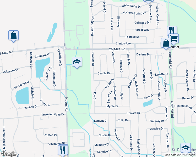 map of restaurants, bars, coffee shops, grocery stores, and more near 15746 Candle Drive in Macomb