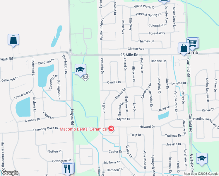 map of restaurants, bars, coffee shops, grocery stores, and more near 15746 Candle Drive in Macomb