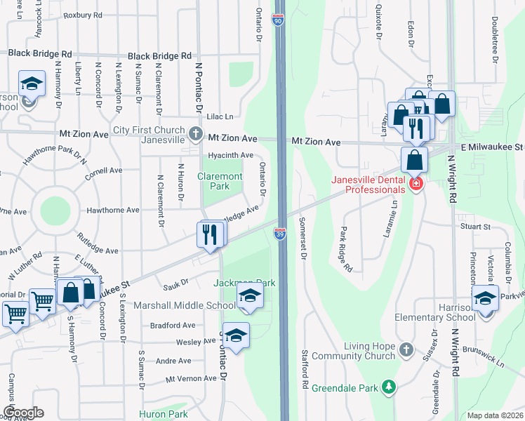 map of restaurants, bars, coffee shops, grocery stores, and more near 1108 Ontario Drive in Janesville