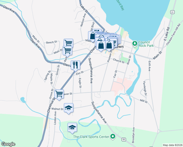 map of restaurants, bars, coffee shops, grocery stores, and more near 26 Susquehanna Avenue in Cooperstown